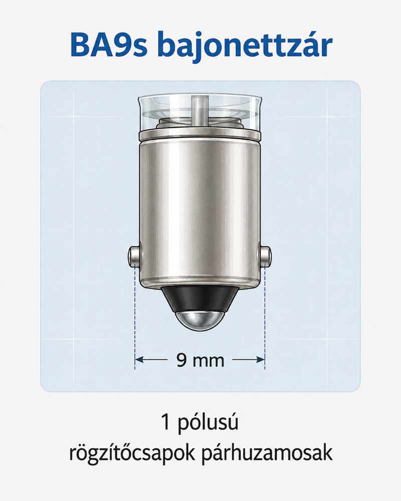 BA9s bajonettzár pótizzó foglalat, 9 mm, 1 pólusú párhuzamos rögzítőcsapok