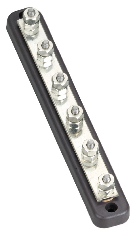 Áramelosztó sín, 6 csatlakozós, 150 A – 230 × 32 × 35 mm, 6 csatlakozó