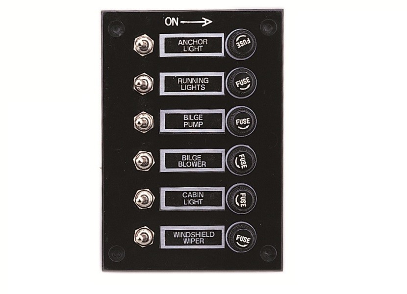 Biztosítékos kapcsolópanel krómozott kapcsolókkal, 6 kapcsolós – 6 kapcsoló / 115 × 165 mm