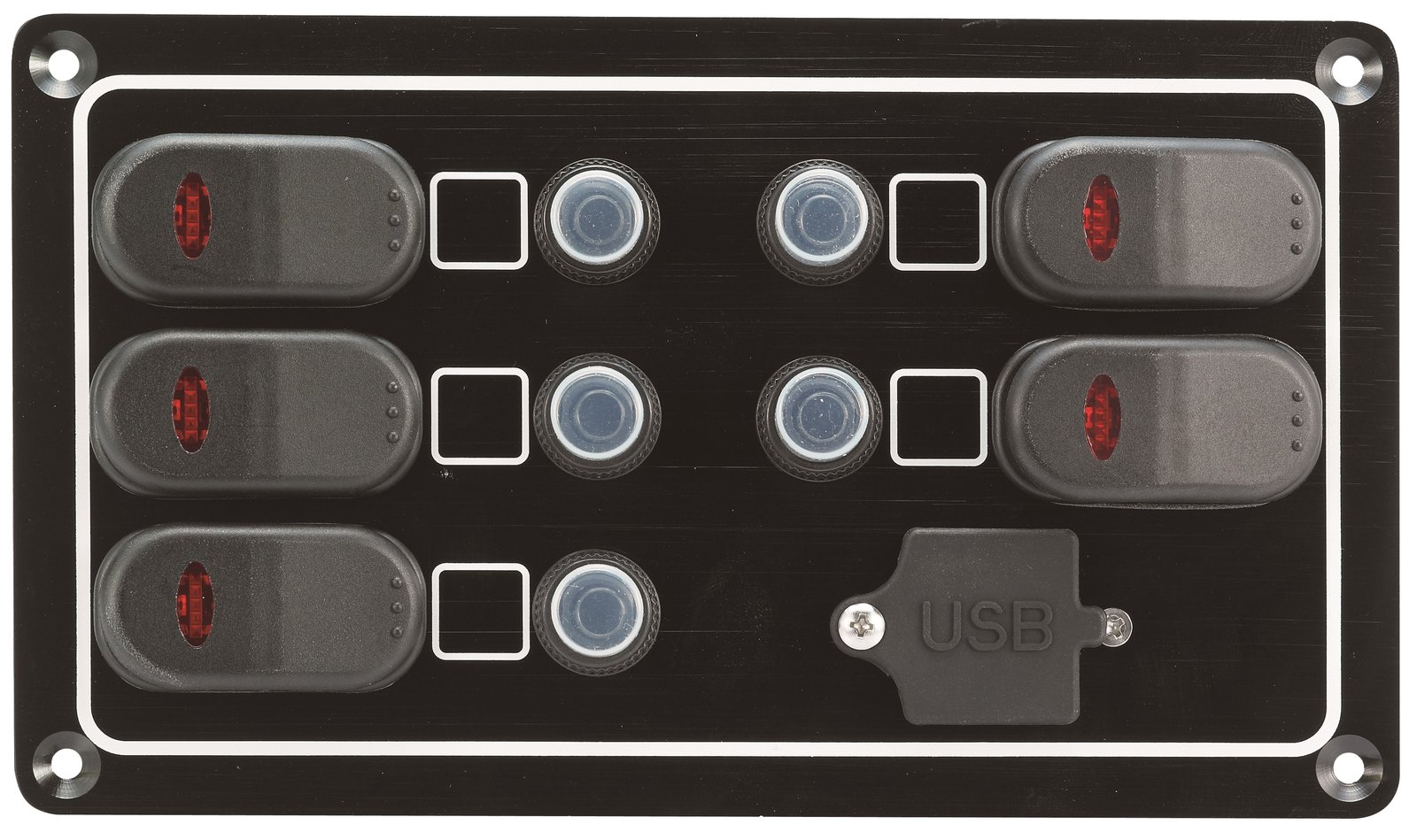 12 V-os kapcsolótábla 5 kapcsolóval és USB aljzattal