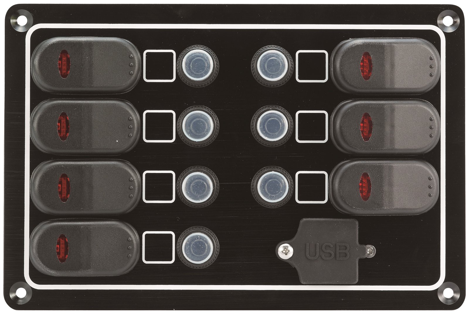 12 V-os kapcsolótábla 7 kapcsolóval és USB aljzattal – 7 kapcsoló / USB / 132 × 199 mm