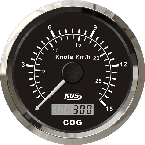 KUS torlónyomásos sebességmérő (csomó/km-h) – Fekete 0–15 csomó / 27 km/h
