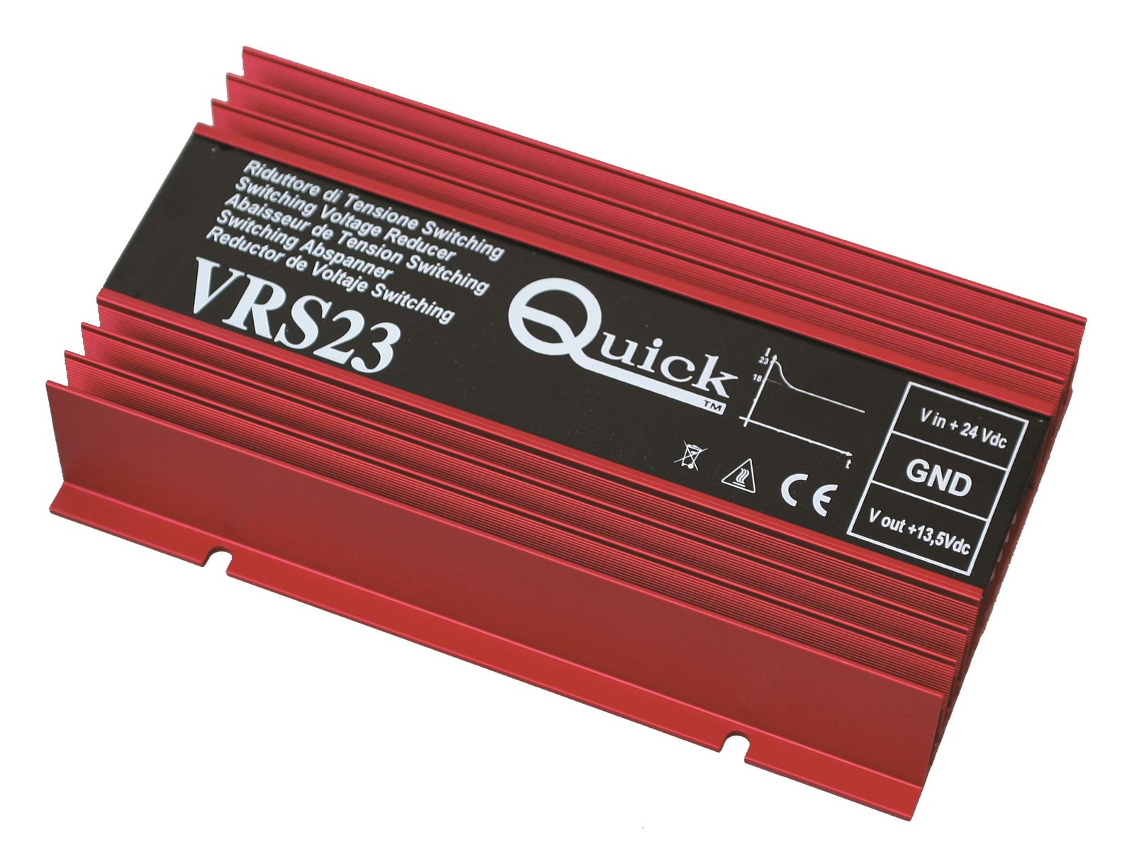 Quick VRS feszültségátalakító 24V-ról 12V-ra – VRS16, max. 12 A tartós / 16 A csúcs, 170×105×35 mm, 550 g