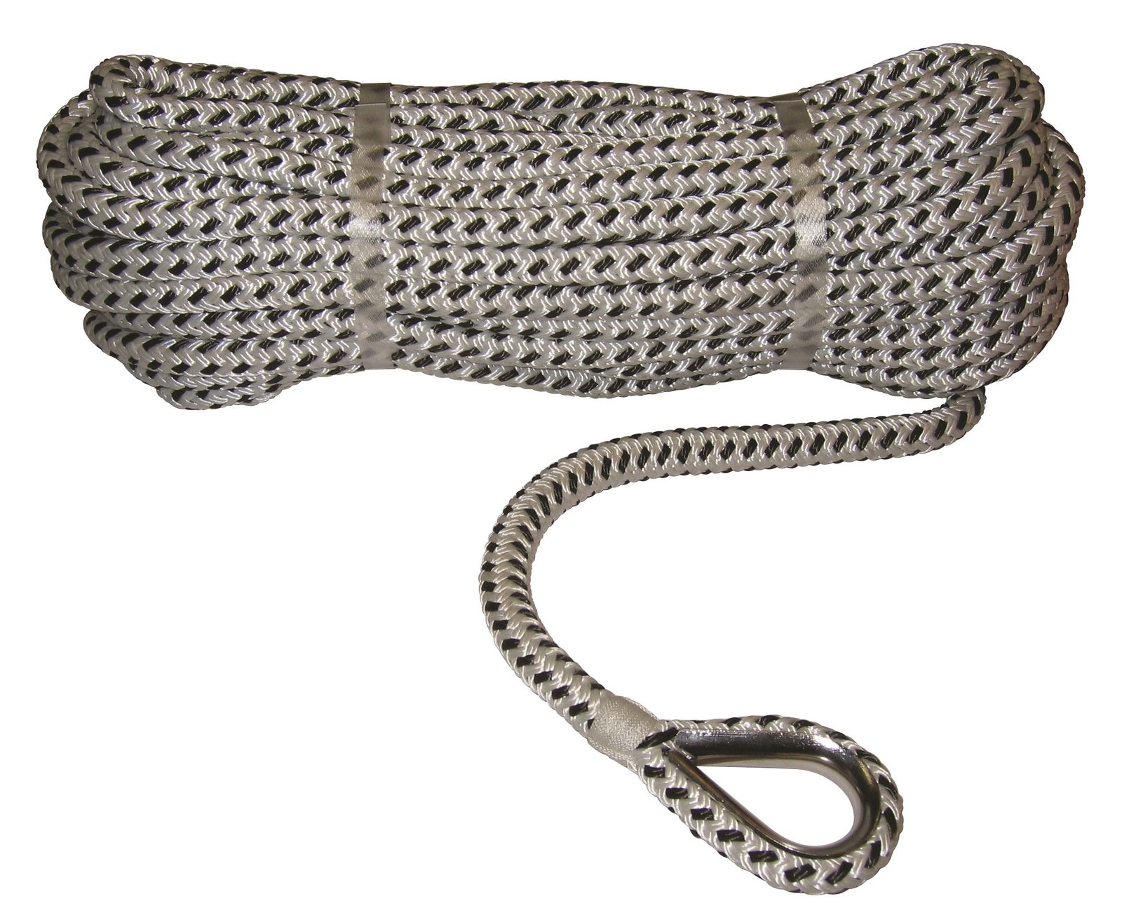 Szemes poliészter horgonykötél niro szemmel (fekete-fehér) – 30 m x 14mm