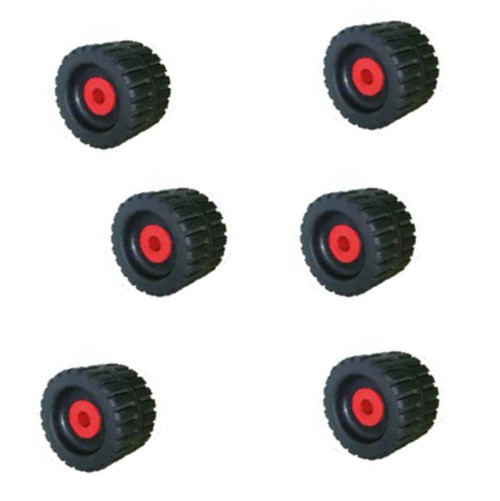 Oldaltámasztó görgő, bordázott, keménygumi – Ø110 mm, tengely Ø16 mm, 76 mm, műanyag persellyel
