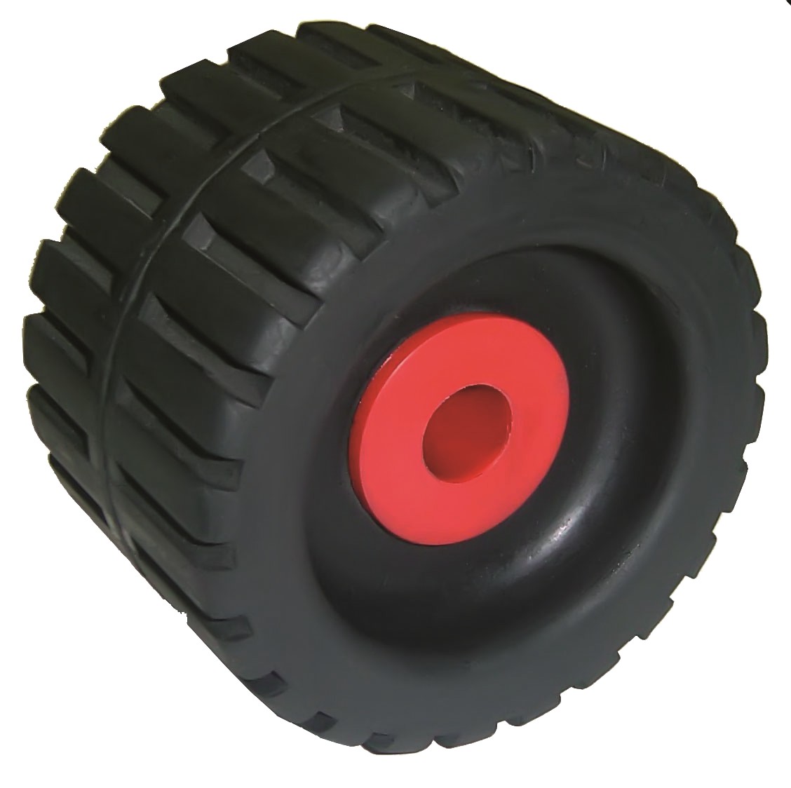 Oldaltámasztó görgő, bordázott, keménygumi – Ø125 mm, tengely Ø22 mm, 76 mm, műanyag persellyel